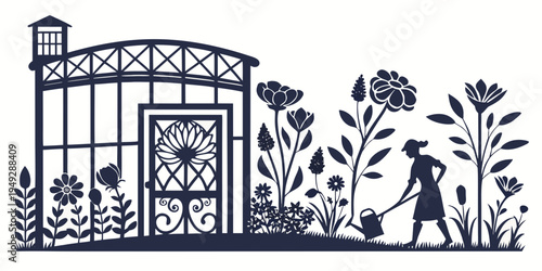 A serene garden scene with a person tending to the plants and flowers.