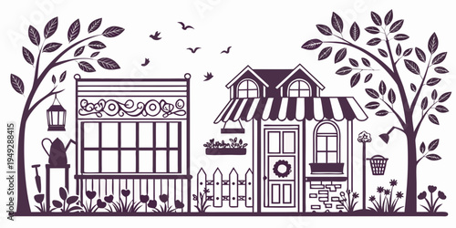 A charming illustration of two quaint shops nestled between trees and a sidewalk.