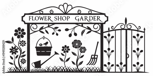 A charming illustration of a flower shop and garden with a variety of plants and a bee.