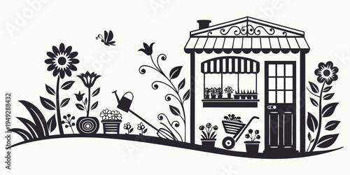 A whimsical garden scene with a charming small shop surrounded by flowers and butterflies