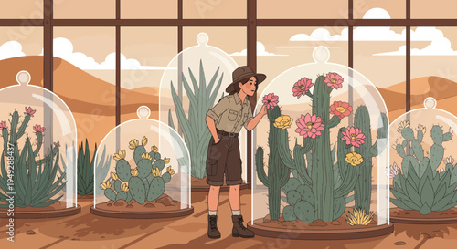 Botanist examining cactus plants in a greenhouse.