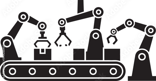 Industrial robotic arms working on assembly line with conveyor belt isolated on transparent background