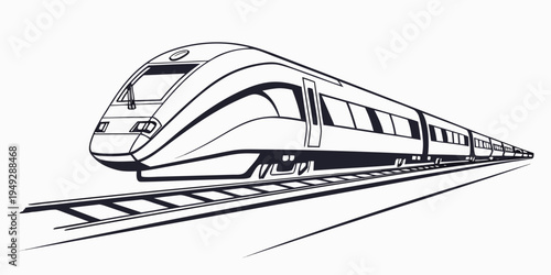 A sleek, modern train traveling on a railway track through a scenic landscape.