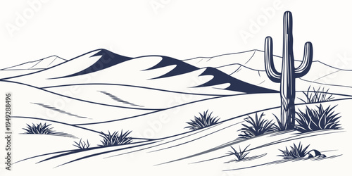 A solitary cactus stands tall in a vast desert landscape under a clear sky