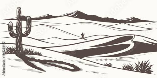 A lone cactus stands tall in a vast desert landscape under a clear sky