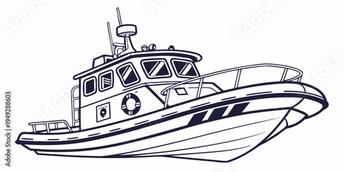A detailed illustration of a coast guard boat with a crew and equipment.