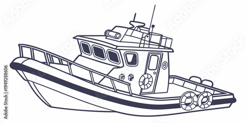 A detailed black and white illustration of a fishing boat with various equipment