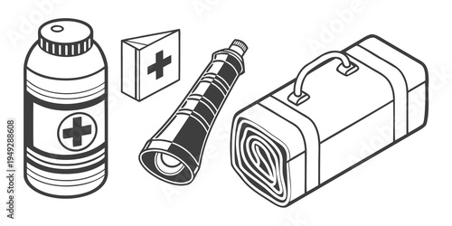 A variety of medical supplies including a bottle of pills, a syringe, and a medical device.