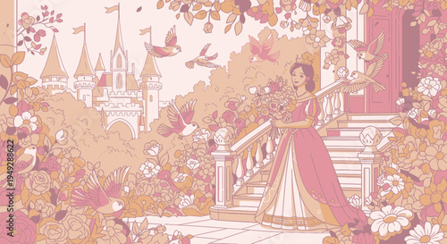 Elegant princess in a pink gown standing on a balcony.