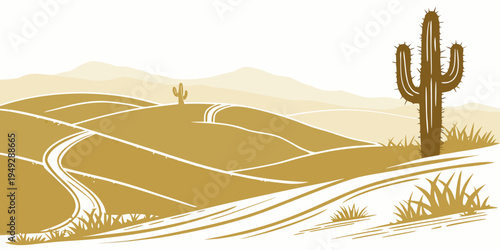 A winding path through a desert landscape with a solitary cactus in the distance