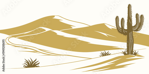 A single cactus stands tall in a vast and barren desert landscape.