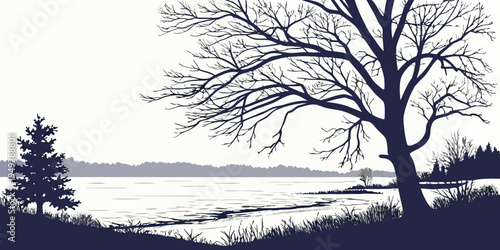A serene lakeside scene with a solitary tree standing tall on the shore