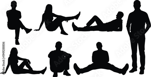 People Silhouette Set with Casual Men and Women Sitting Lying Down and Standing in Relaxed Poses for Lifestyle and Architecture Design