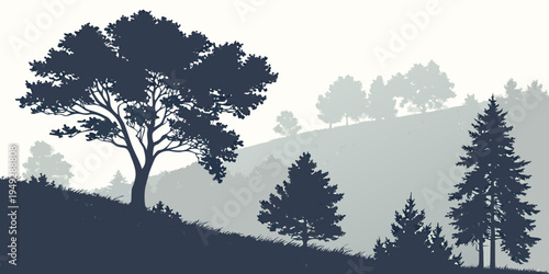 Silhouettes of trees against a mountain range under a starry sky