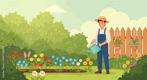 Man in straw hat watering garden plants with watering can.