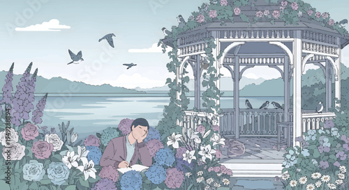 Man reading a book in a garden gazebo.