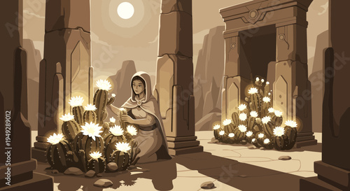 Mysterious woman tending to glowing desert cacti under moonlight.
