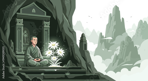 Serene Monk Meditating Amidst Glowing Flowers in Ancient Temple.