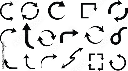 Vector arrow set, circular rotation icons, reload and refresh symbols, directional pointer graphics, black minimalist navigation elements, infographic interface design, isolated.