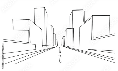 A captivating continuous single line drawing shows a modern city street with tall buildings and a road