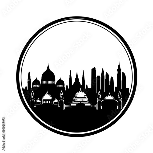 Black and white silhouette of an Eastern city skyline with mosques and skyscrapers in a circle