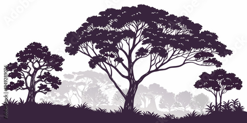 A serene landscape with three majestic trees standing tall under a clear sky