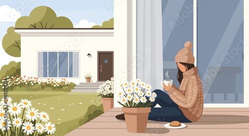 Woman enjoying a warm drink on a cozy porch.