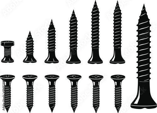 Vector screw set, black and white hardware icons of metal fasteners, industrial bolt and screw illustrations, construction tool equipment graphics.