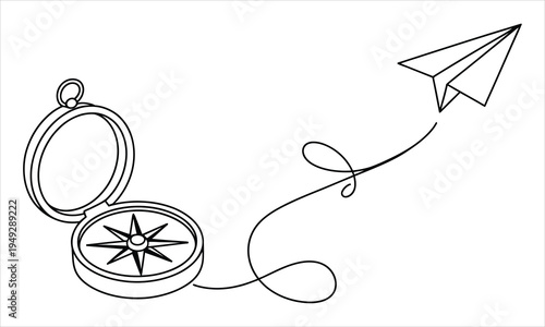 A classic open compass shows the way for a paper airplane flying along a graceful continuous line