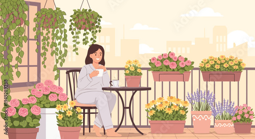Woman enjoying coffee on a flowerfilled balcony.