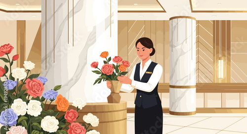 Woman florist arranging beautiful flowers in a vase.