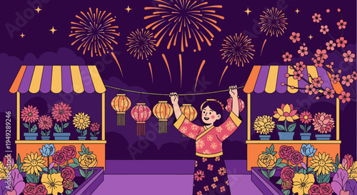 Woman celebrating festival with fireworks and flower stalls.