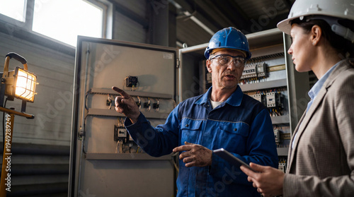 Expert technicians engage in a detailed discussion, in industrial setting, with focused and serious expression.