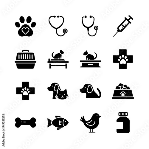 Comprehensive collection of black silhouette vector icons for veterinary care, pet health, and animal welfare services