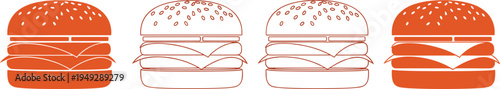 Vector burger icon set, fast food hamburger illustrations in solid and outline style, orange cheeseburger graphics, restaurant menu design elements.
