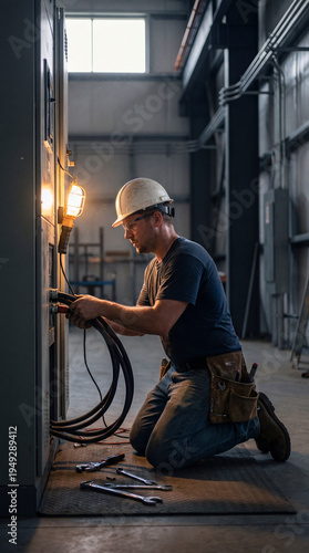 An electrician at work, immersed in his task, diligently connects electrical wires within a dimly lit industrial setting. The focus is on the precision and expertise involved.
