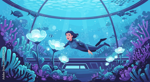 Woman in wetsuit swimming underwater exploring coral reef.