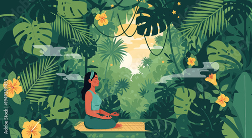 Woman meditating peacefully in a serene jungle setting.