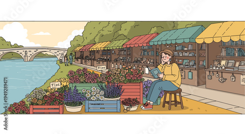 Woman reading book at outdoor market stall.