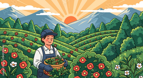 Young farmer harvesting fresh produce in a vibrant field.