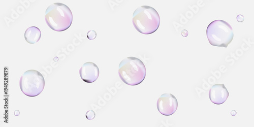 Transparent soap foam balls in air. 3D iridescent rainbow spheres and textured circles float on white png. Glass plastic mirror reflections on big bath bead. Shiny pastel blown day-dreaming bubbles