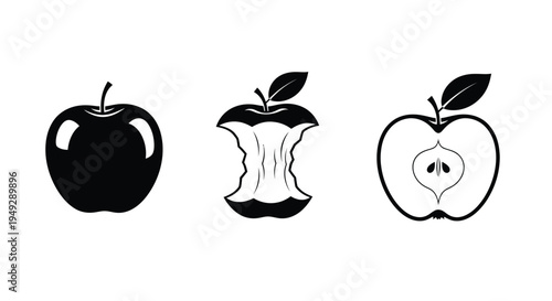 Three apples showing stages of consumption in black silhouette