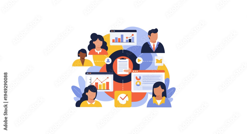 Naklejka premium Diverse Business Team Collaboration & Project Management with Data Analysis and Strategic Workflow Optimization
