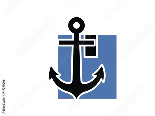 Black Anchor Symbol on Blue Square Background.