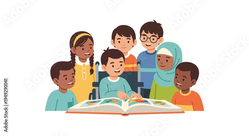 Inclusive Group of Diverse Children with Disabilities Reading a Picture Book