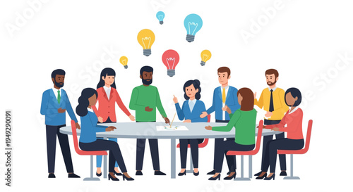 Diverse Business Team Brainstorming Ideas: Collaboration & Innovation in a Creative Meeting with Floating Lightbulbs