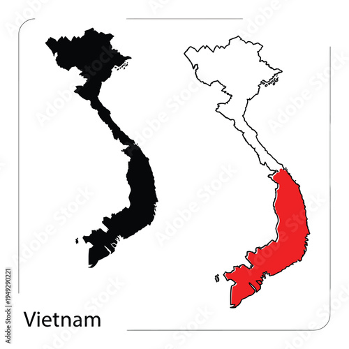 Vietnam map silhouette and outline collection highlighting southern coastal region in red