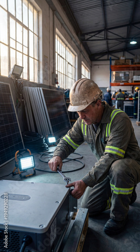 A dedicated technician meticulously inspects electrical equipment in an industrial environment, the image reflecting a scene of focused professionalism, precision and expertise.