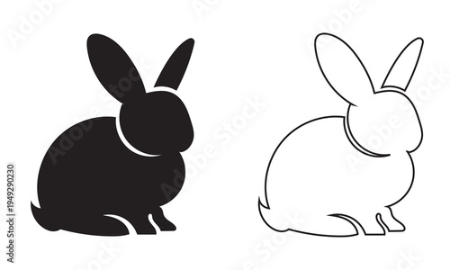 Rabbit Silhouette and Outline Bunny Icon Set. Minimal illustration showing black rabbit silhouette and bunny outline useful for logos, Easter graphics, stencils, icons and simple design projects.