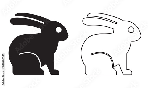 Rabbit Silhouette and Outline Bunny Icon Set. Minimal illustration showing black rabbit silhouette and bunny outline useful for logos, Easter graphics, stencils, icons and simple design projects.